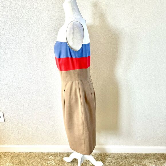 VTG Howard Wolf Size 8 Sheath Pencil Dress Tan Blue White Colorblock Stripes - Picture 8 of 16